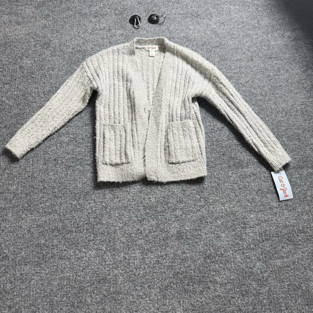 Cat & Jack Sweater Girls XS 4/5 Gray Open Front Knit Cardigan Sparkle NWT